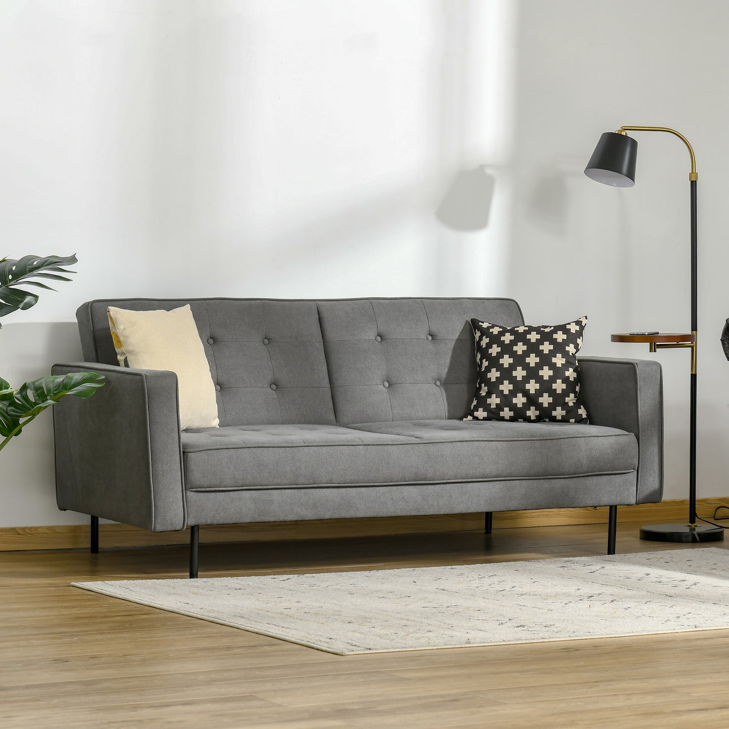 HOMCOM Schlafsofa 3-Sitzer Schlafcouch Stoffsofa Sofa mit Schlaffunktion Bettsofa mit verstellbarem Winkel Vintage Eukalyptusholz Baumwolle Grau