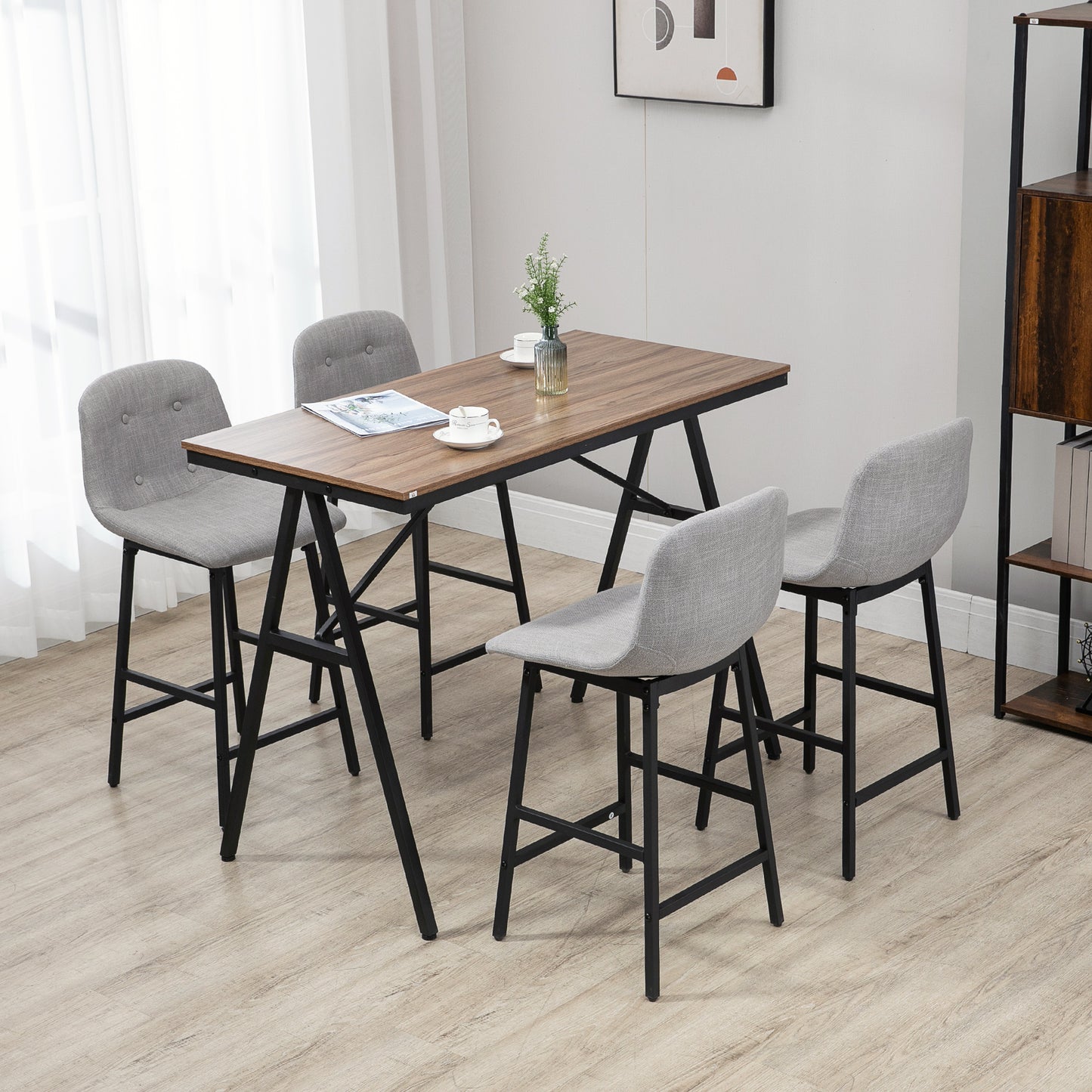 HOMCOM Bartisch mit Barhockern im Industrie-Design, Knopfheftung, 120 cm x 60 cm x 91 cm, Hellgrau