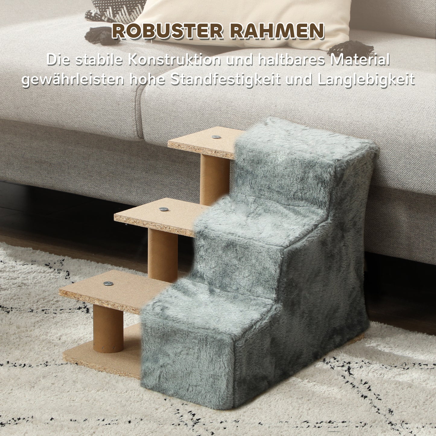 PawHut Faltbare Haustiertreppe, 3 Stufen, waschbarer Plüschbezug, Spanplatte, 46 x 35 x 35 cm, Hellgrau