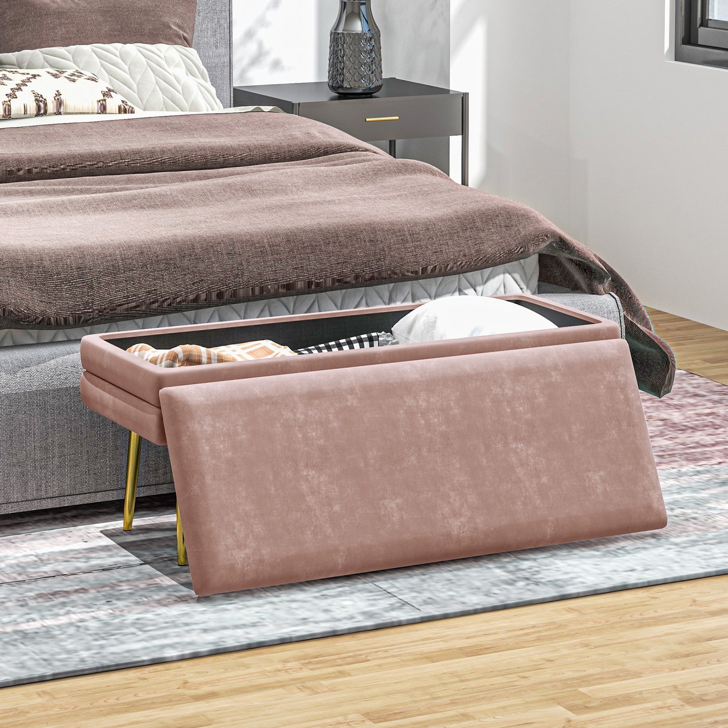 HOMCOM Sitzbank Polsterbank, mit Stauraum, Stahl, 100 x 37,5 x 42 cm, Rosa