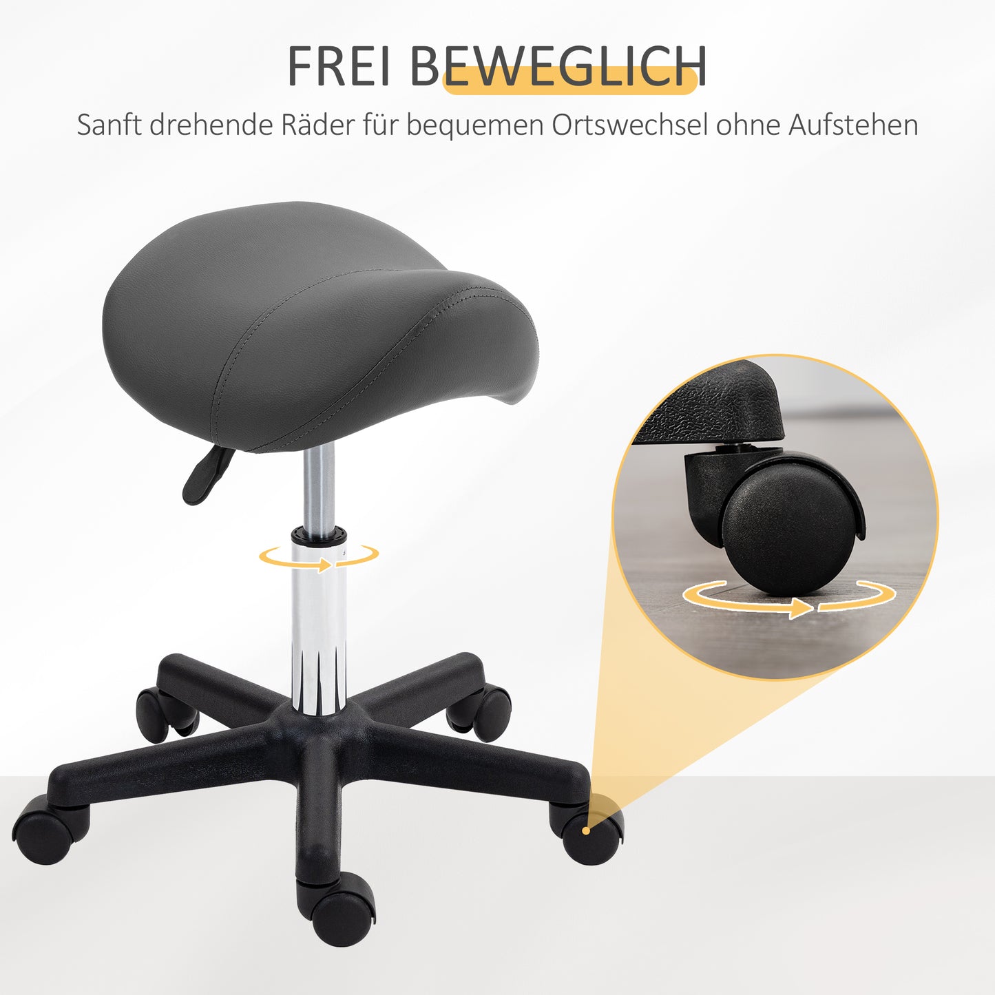 HOMCOM Rollhocker, sattelförmiger Sitz, höhenverstellbar, um 360° drehbar, Kunstleder, grau, 48 x 47 x 45-59 cm