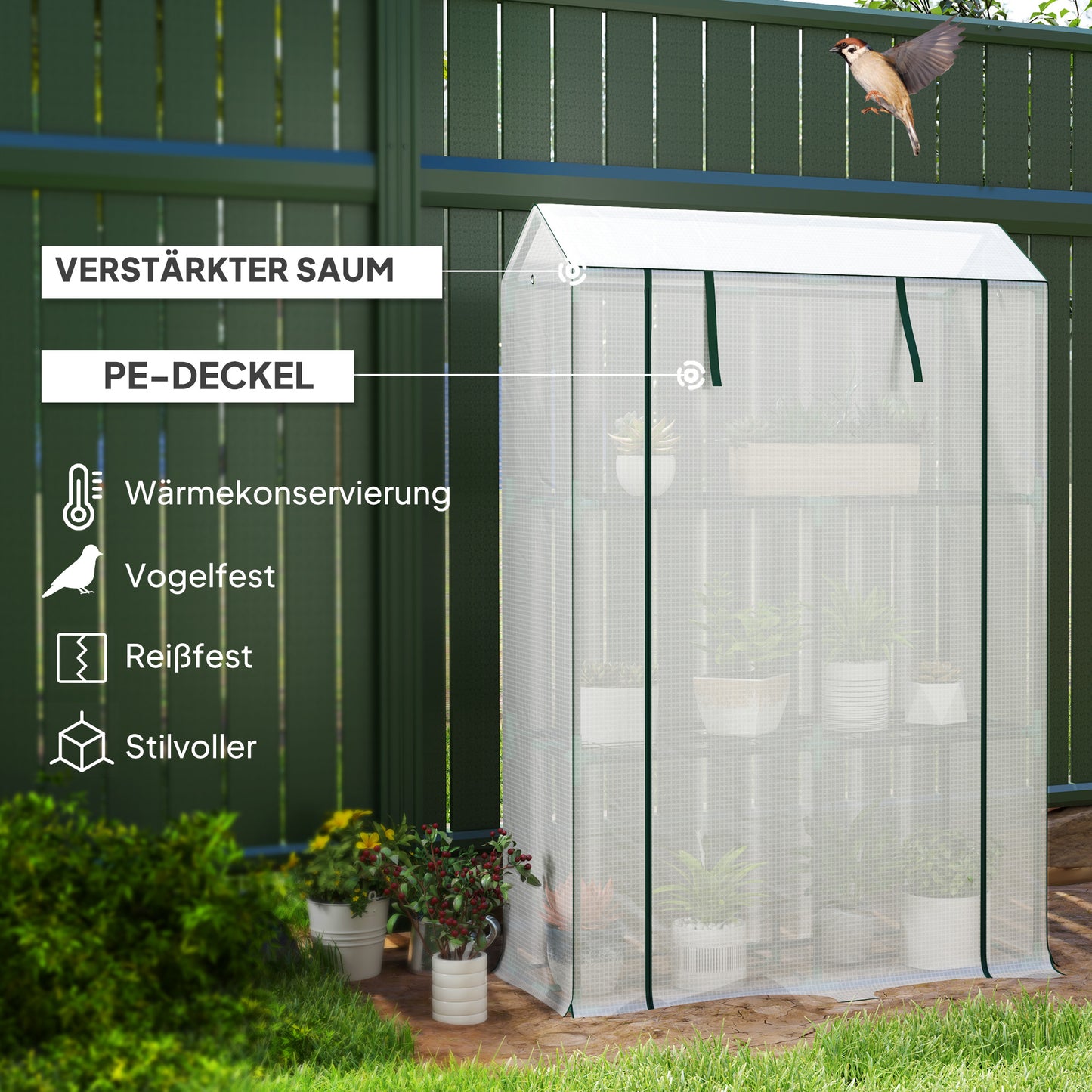 Outsunny Gewächshaus mit 3-Stufen-Regal, UV-beständige Kunststoffabdeckung, Rolltür, 100 x 40 x 150 cm, Weiß