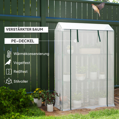 Outsunny Gewächshaus mit 3-Stufen-Regal, UV-beständige Kunststoffabdeckung, Rolltür, 100 x 40 x 150 cm, Weiß