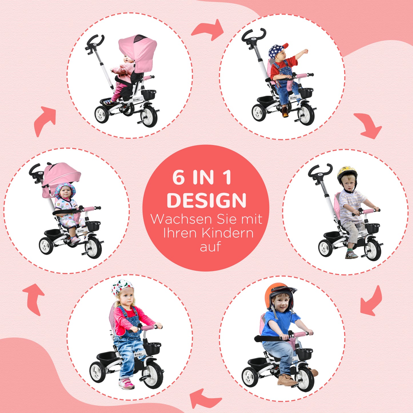 HOMCOM 6-in-1 Kinderdreirad mit Schiebestange, Dach, Gurt, Ablagekorb, 18+ Monate, Rosa