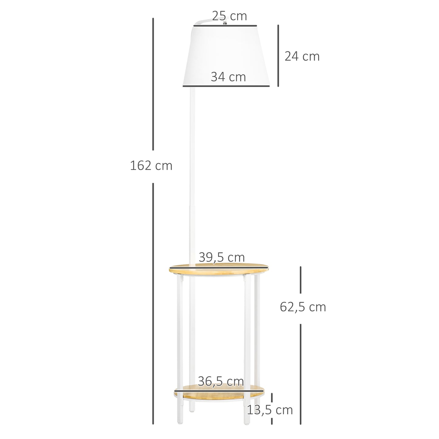HOMCOM Stehleuchte mit 2 Regalen, Standleuchte, Fußschalter, 40 W. E 27, Natur + Weiß