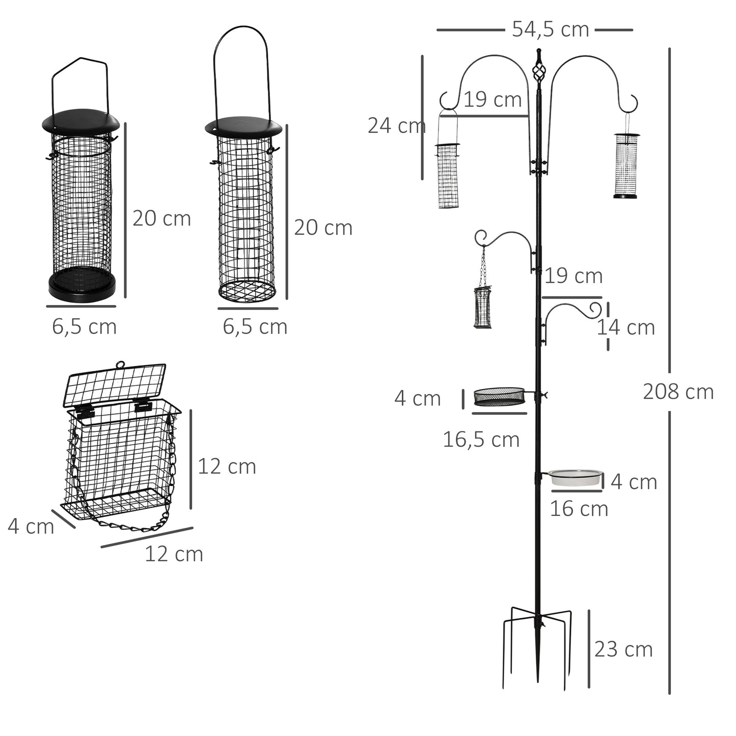 PawHut Vogel Futterstation Set aus Stahl Höhe 208 cm inkl. 4 Haken Vogeltränke Futterteller Vollständiges Futtersäulen Vogelfutterspender Station Schwarz