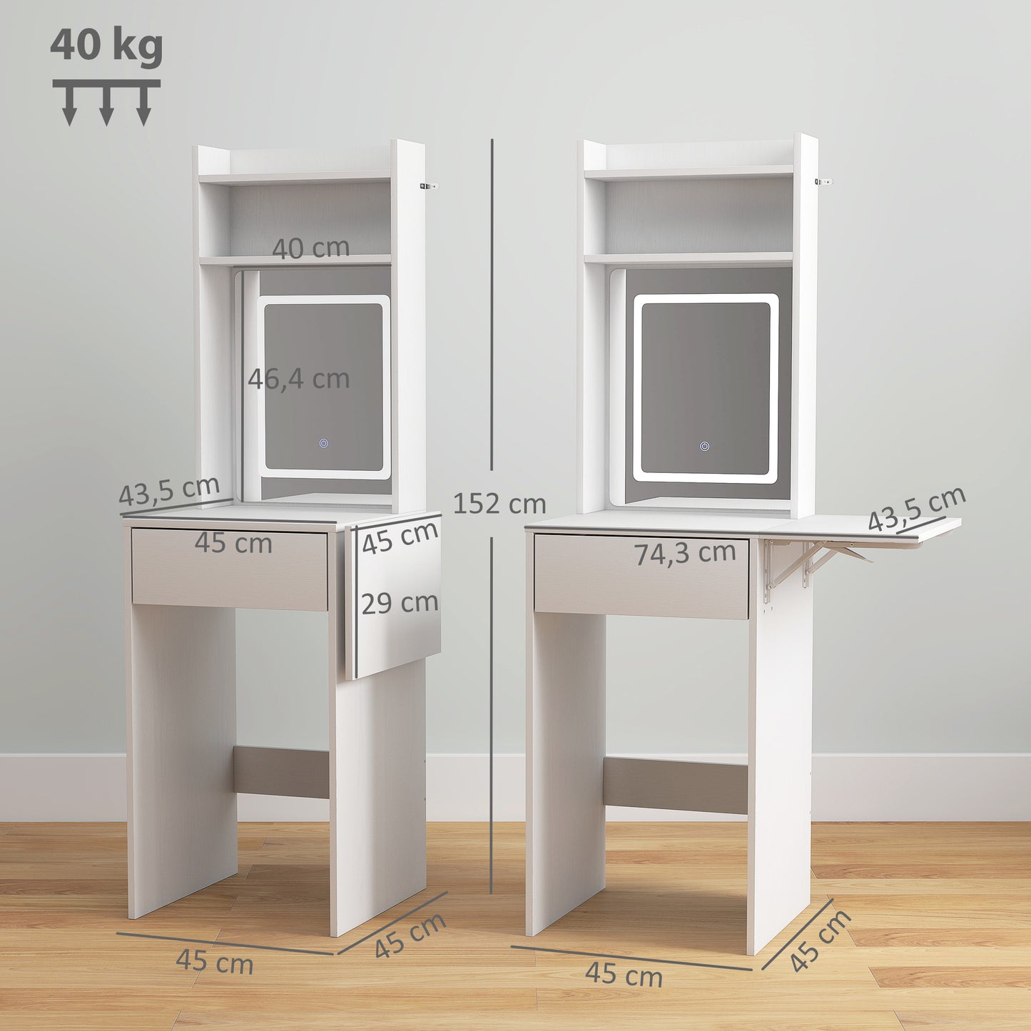 HOMCOM Kompakter Schminktisch mit Spiegel und LED-Beleuchtung, klappbare Tischplatte, offenere Regale, Schublade, MDF, Weiß