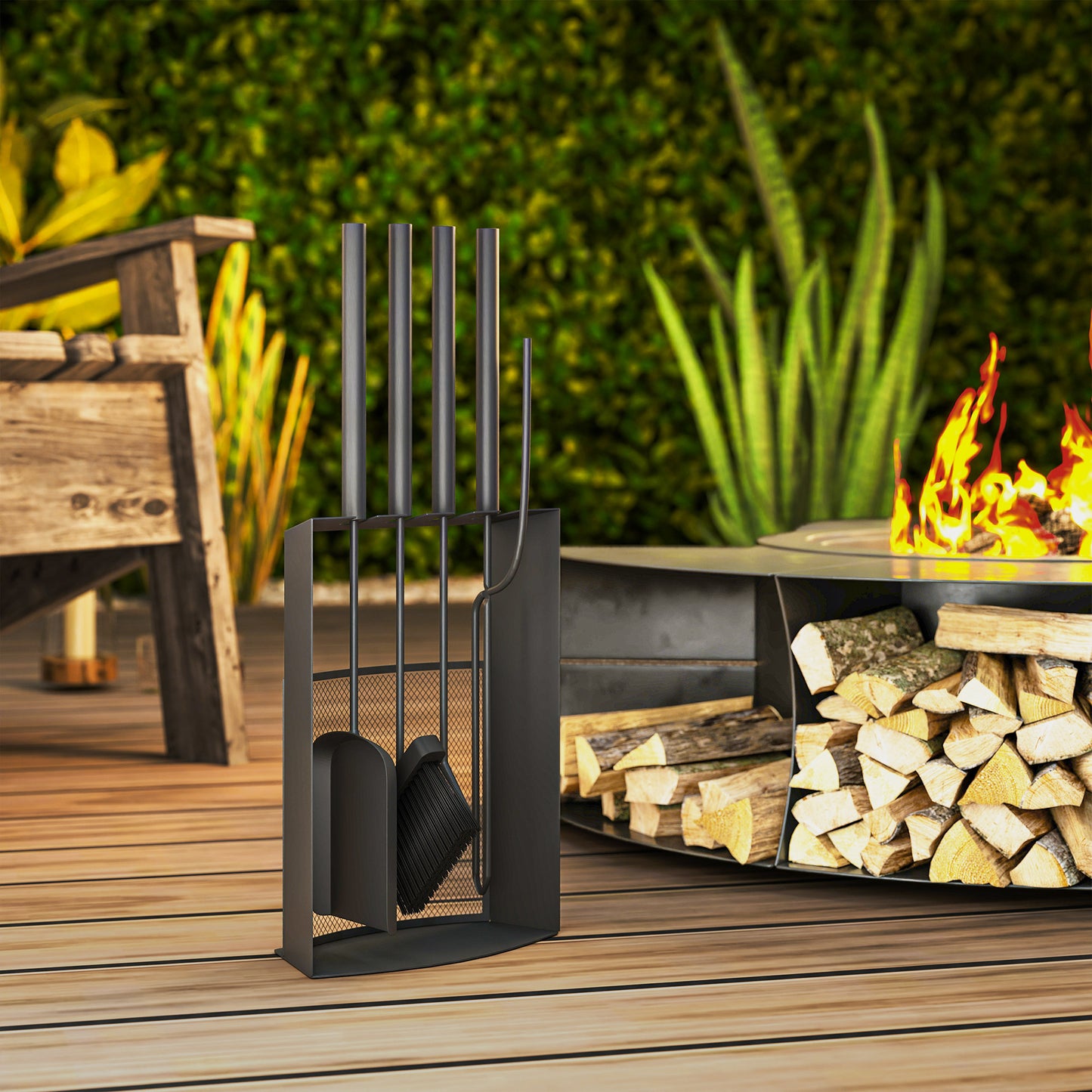 Outsunny Kaminbesteck Set 5teilig Kaminzubehör mit Besen, Schaufel, Schürhaken Zange Ständer Metall, Schwarz