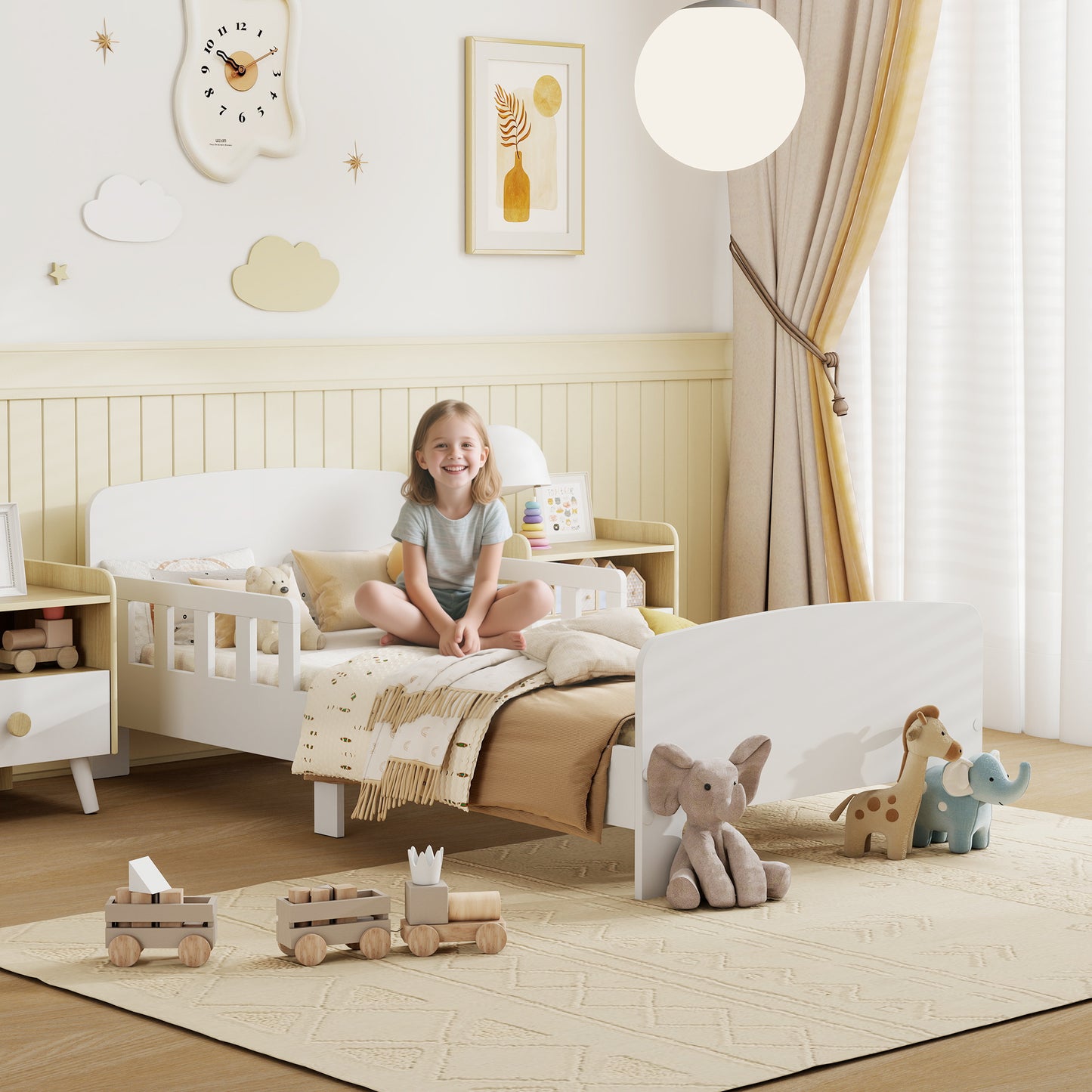 AIYAPLAY Kinderbett mit Sicherheitsschienen, Kleinkinderbett für Kinder im Alter von 3-8 Jahren, MDF, Weiß