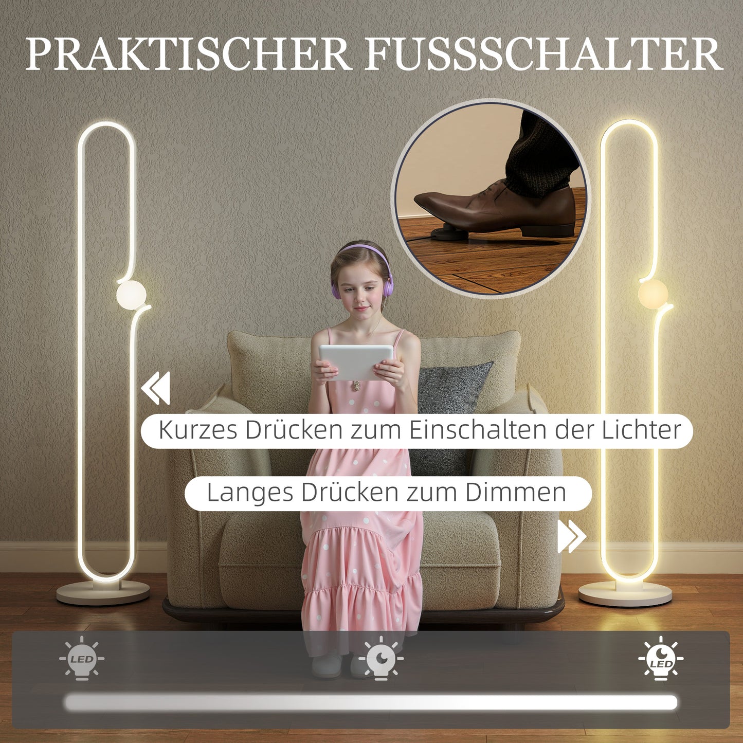 HOMCOM LED-Bodenlampe, Musiknoten-Design, Glasschirm, Metall, Kunststoff, Weiß