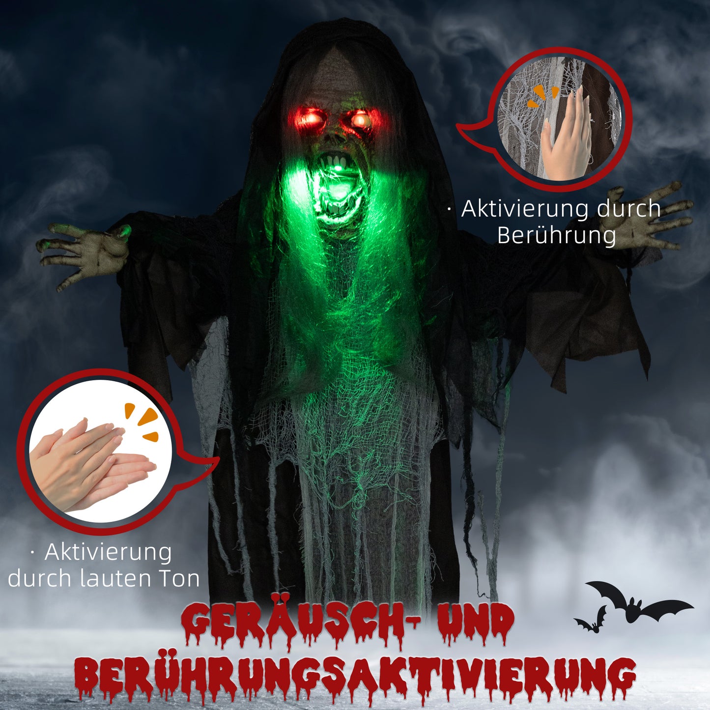 HOMCOM Grünes Monster, Helloweendeko, gruselige Soundeffekte, rote Augen, beweglich, 183 cm