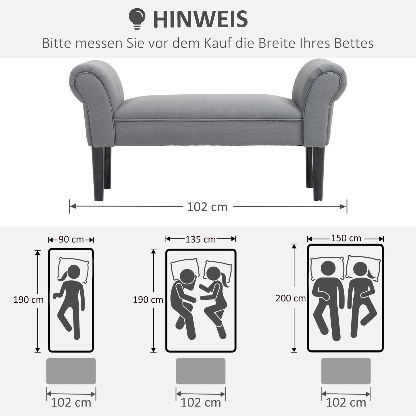 HOMCOM Sitzbank، Bettbank، Robust Bauweise، weiche Polsterung، 102x36x51 سم، Grau