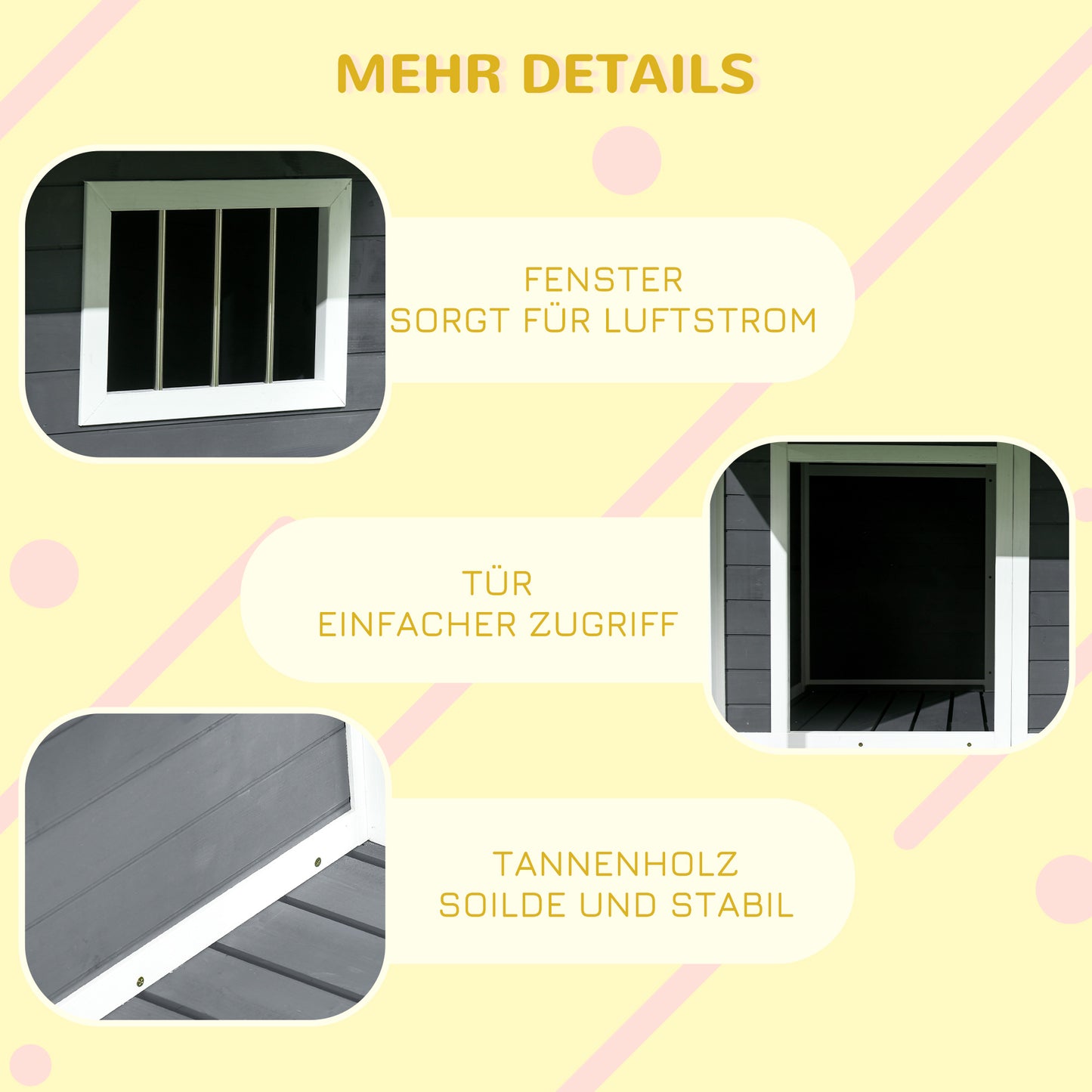 PawHut Hundehütte Outdoor-Hundehütte, inkl. Veranda, wetterbeständig, 124 cm x 112 cm x 105 cm, Grau + Weiß