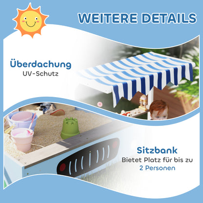 AIYAPLAY Sandkasten mit Vordach, Einkaufsladen-Design, Sitzbank, Zeichentafel, Tannenholz, 104H x 108L x 90B cm, Blau