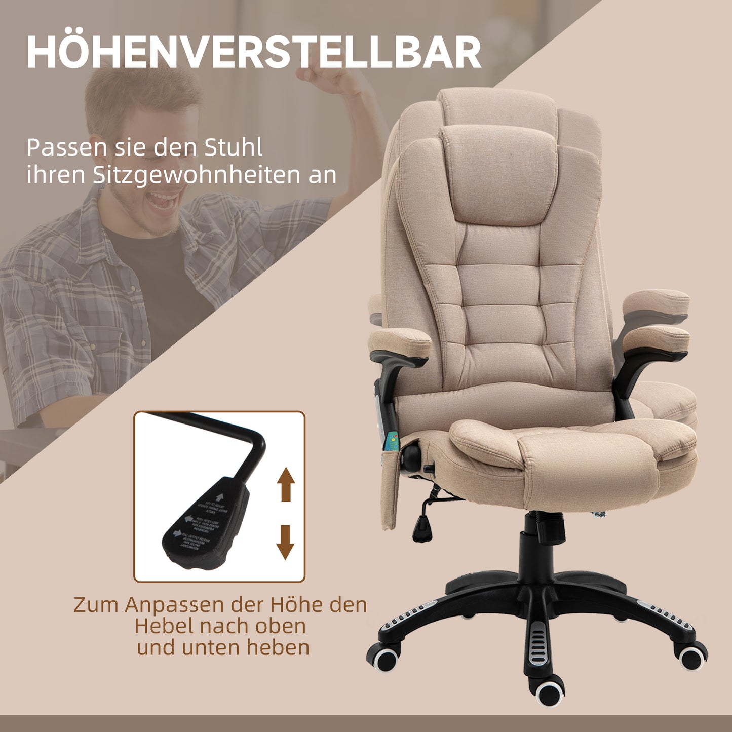 Vinsetto Massagesessel mit Wärmefunktion, Ergonomischer Schreibtischstuhl, höhenverstellbar, 68L x 72B x 110-120 cm, Braun