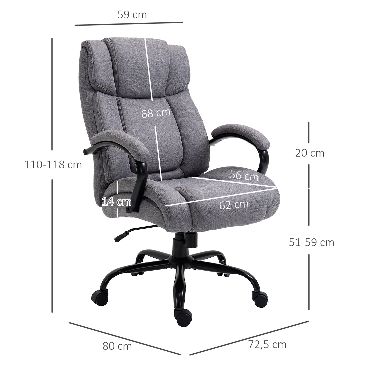 Vinsetto Bürostuhl, Ergonomischer Chefsessel bis 220 kg belastbar, Gepolsterter Schreibtischstuhl mit Armlehne, breit Sitz, Höhenverstellbarer Drehstuhl mit Wippfunktion, Leinenoptik, Hellgrau