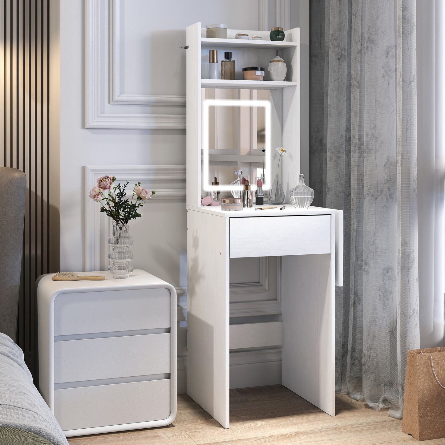 HOMCOM Kompakter Schminktisch mit Spiegel und LED-Beleuchtung, klappbare Tischplatte, offenere Regale, Schublade, MDF, Weiß