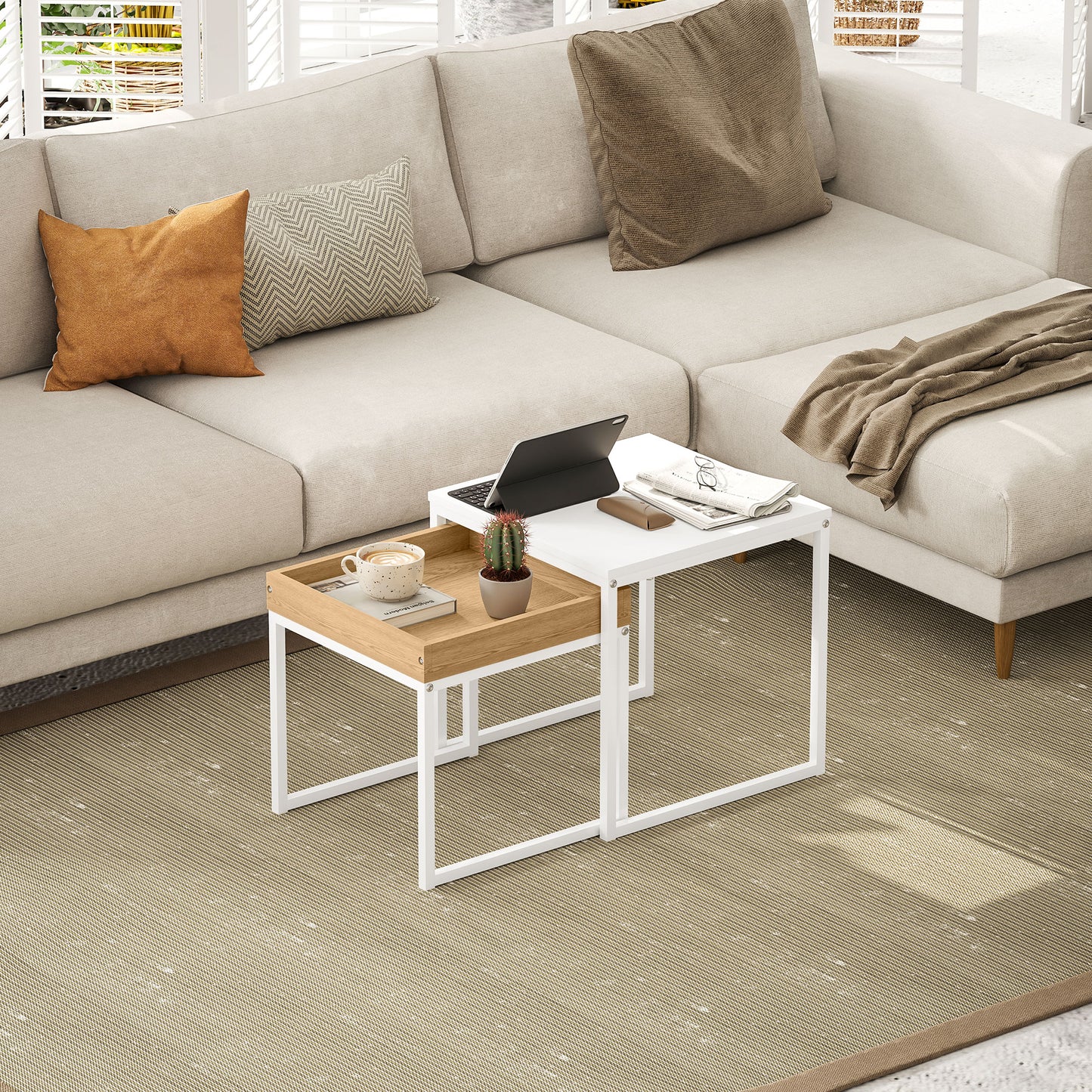 HOMCOM Moderner Couchtisch, 2er-Set Sofatisch, für kleine Räume, Quadratisch, MDF, Metall, Weiß
