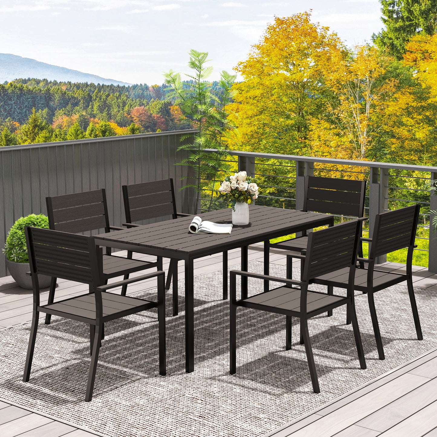 Outsunny Sitzgruppe 7-teilig Essgruppe für 6 Personen Esstisch mit 6 Stühlen geschlitzte Tisch Dunkelbraun