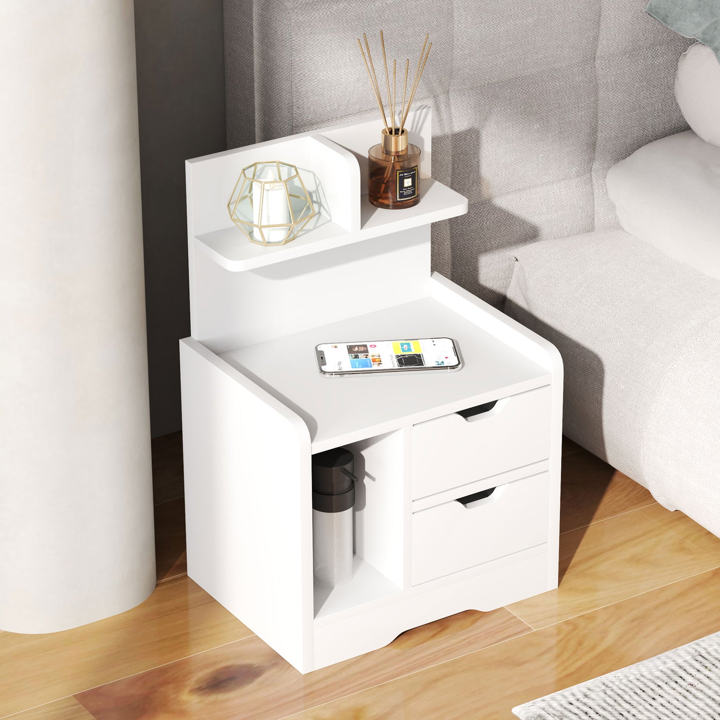 HOMCOM Nachttisch mit 2 Schubladen, offener Ablage, 40x30x60 cm, Weiß