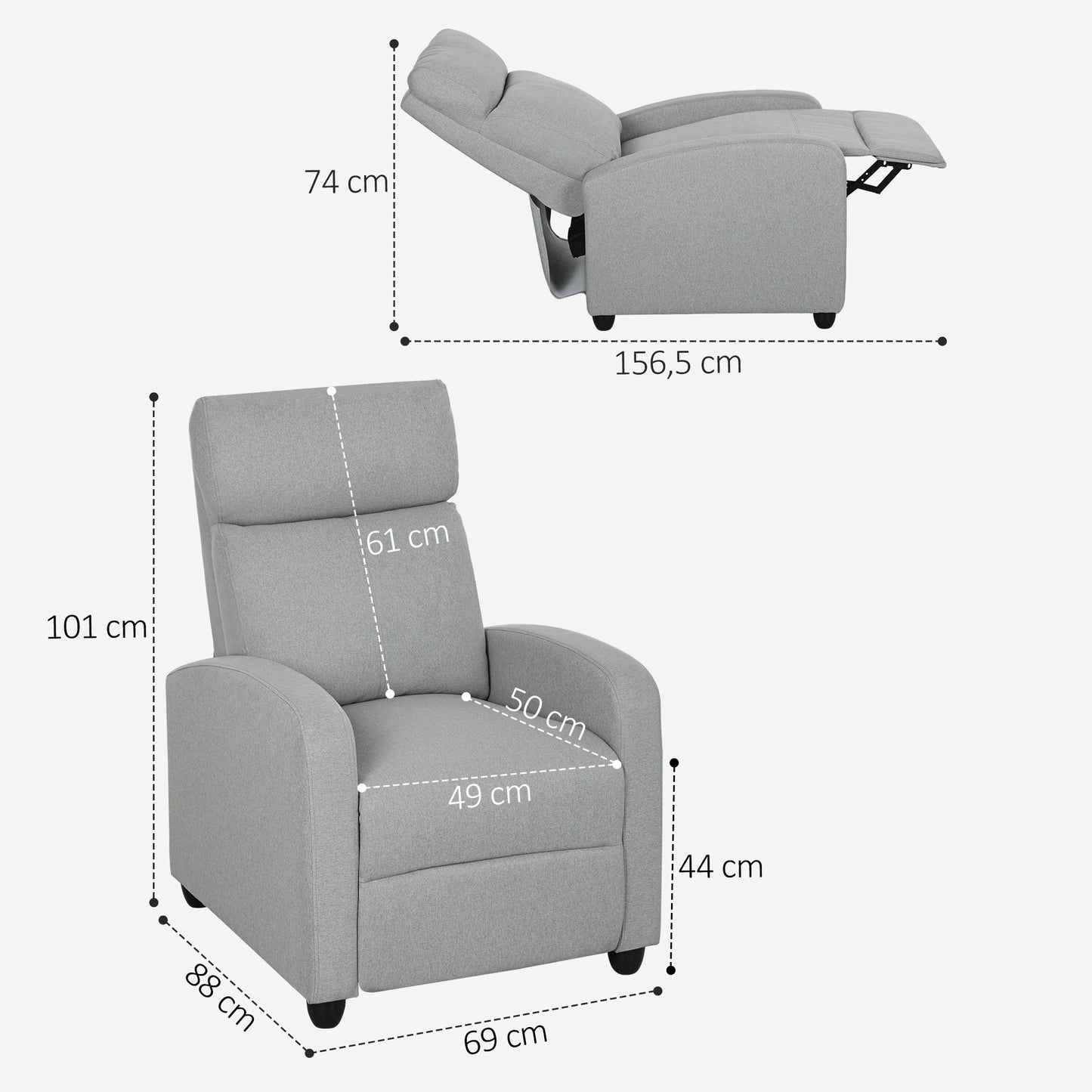 HOMCOM Relaxsessel, verstellbar 135°, ausziehbare Fußstütze, gepolsterte Lehnen, Leinen-Polyester, Hellgrau