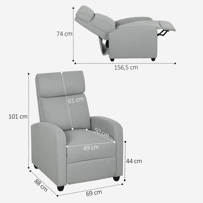 HOMCOM Relaxsessel, verstellbar 135°, ausziehbare Fußstütze, gepolsterte Lehnen, Leinen-Polyester, Hellgrau