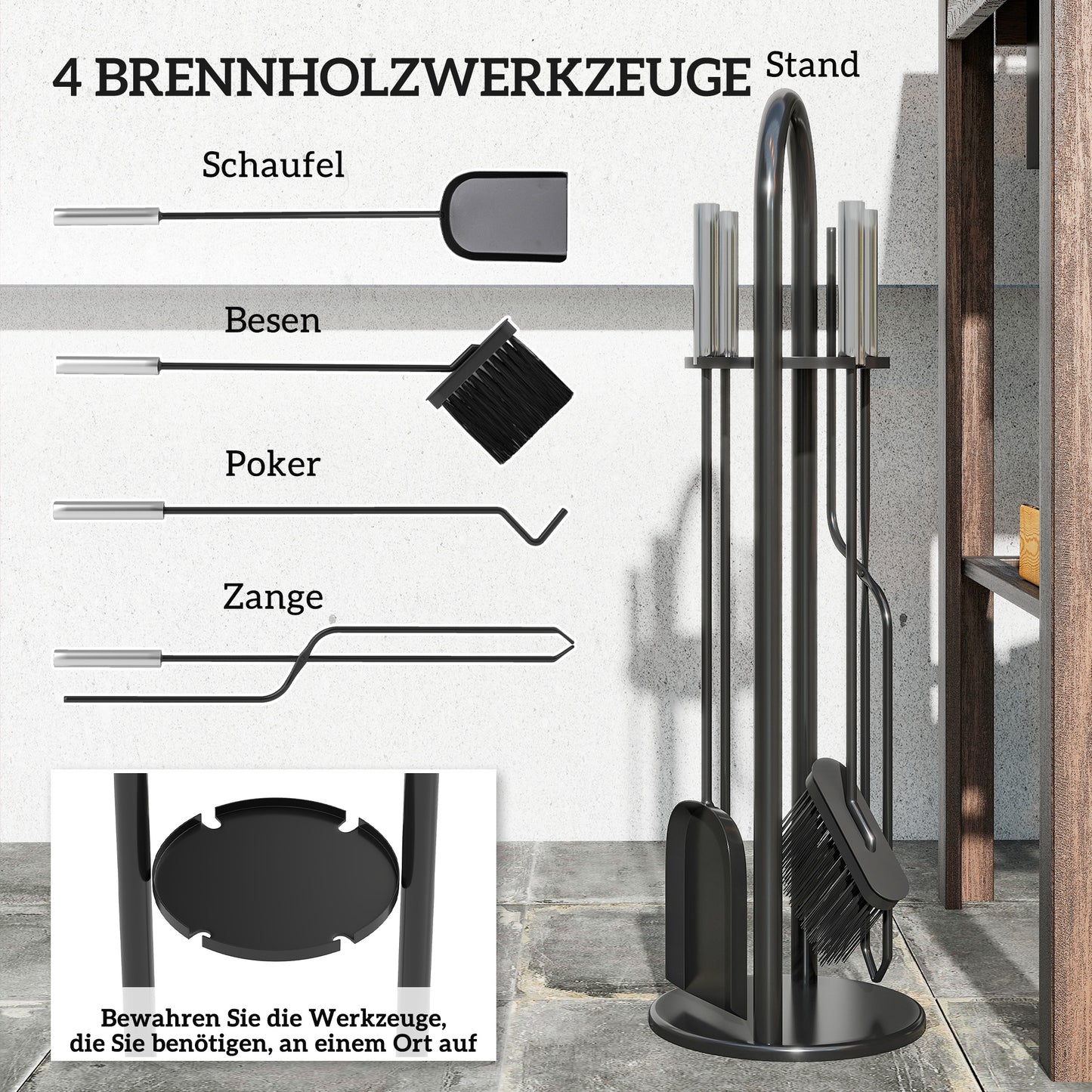 Outsunny Kaminbesteck Set 5 teilig Kaminzubehör mit Besen, Schaufel, Schürhaken Zange Ständer