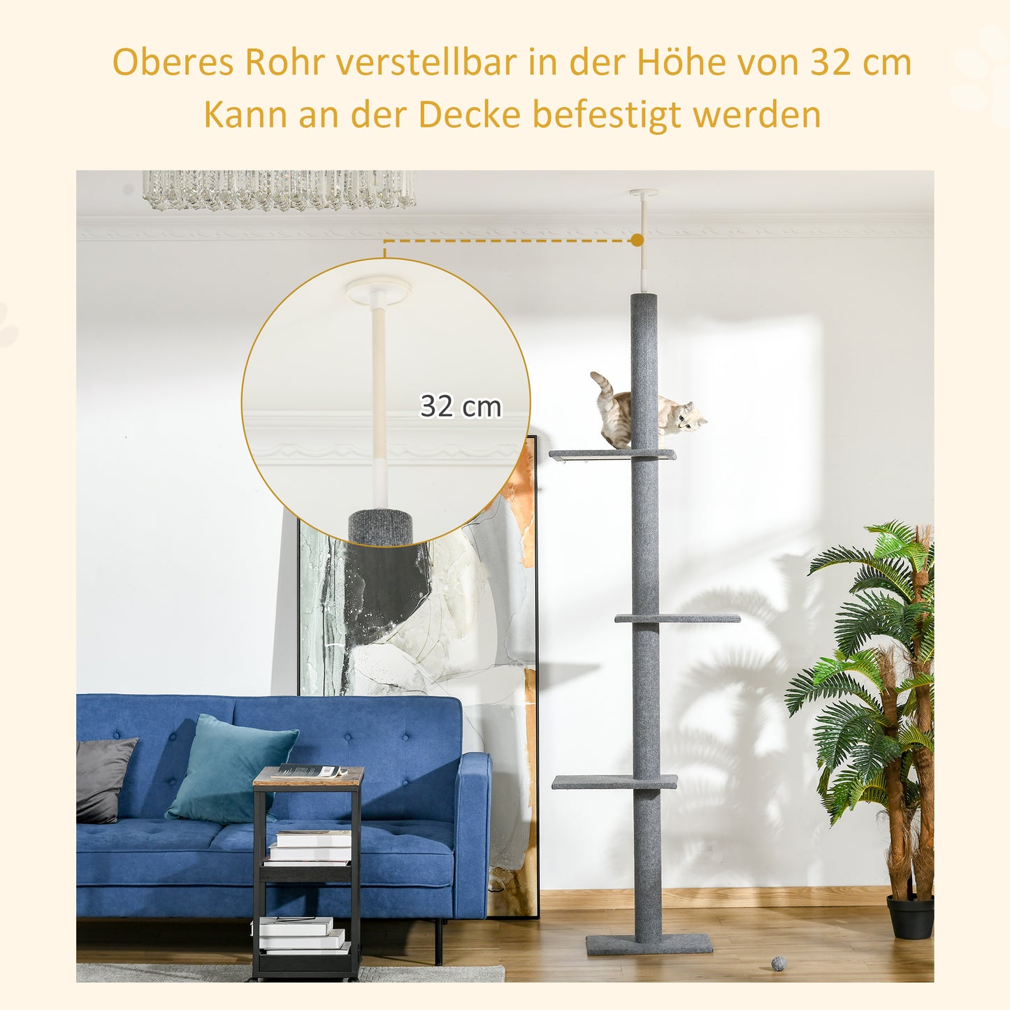 PawHut Kratzbaum deckenhoch Höhe 228-260 cm Katzenbaum mit Plattformen mehrstöckiger Katzenkratzbaum Kletterbaum für kleine & große Katzen, Grau