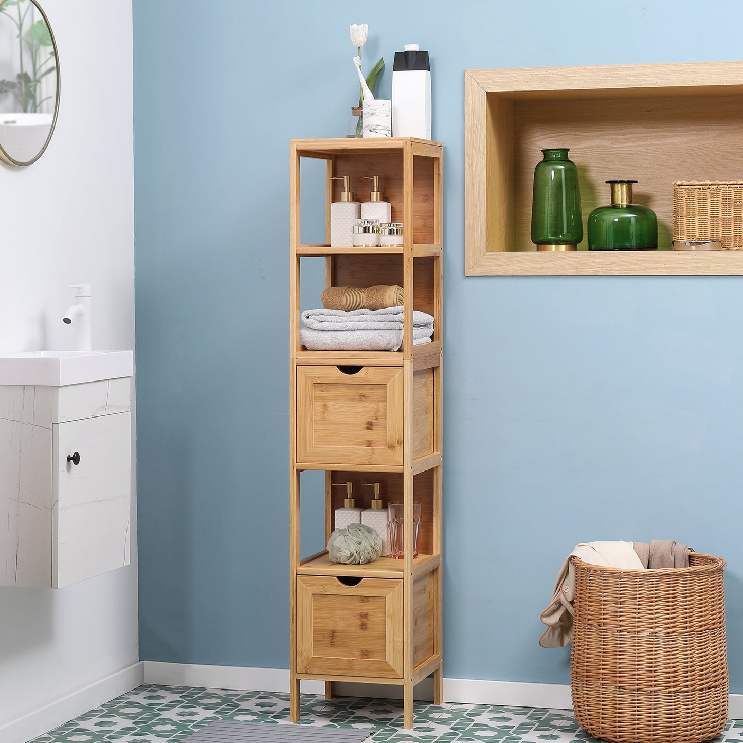 kleankin Badezimmerschrank, 3 Regale, 2 Schubladen, Bambus, 30 cm x 30 cm x 140 cm, Natur