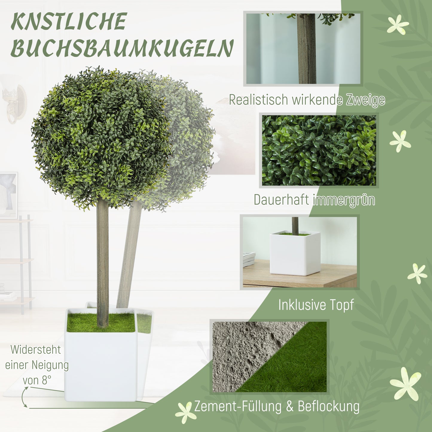 HOMCOM 2er Set Künstliche Buchsbaum-Formschnittkugeln 45cm Kunstpflanze, Plastik Künstliche Pflanzen im Topf