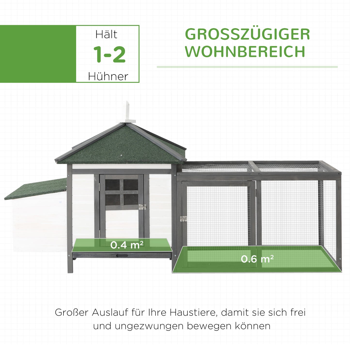 PawHut Hühnerstall für Zwerghühner 196 × 76 × 97 سم Hühnerhaus mit Nistkasten, Freilaufgehege Sitzstange, Kleintierstall aus Holz, Grau