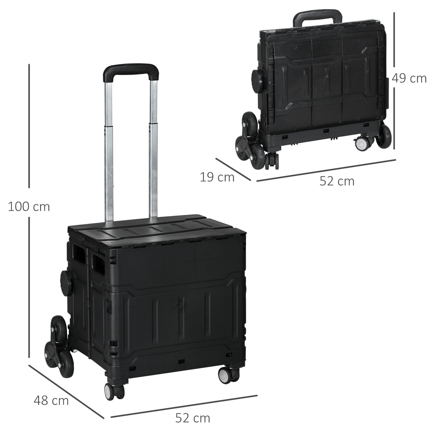 HOMCOM Einkaufswagen Einkaufstrolley, Treppensteiger, klappbar, Teleskopgriff, bis max. 65 Kilo belastbar, Schwarz