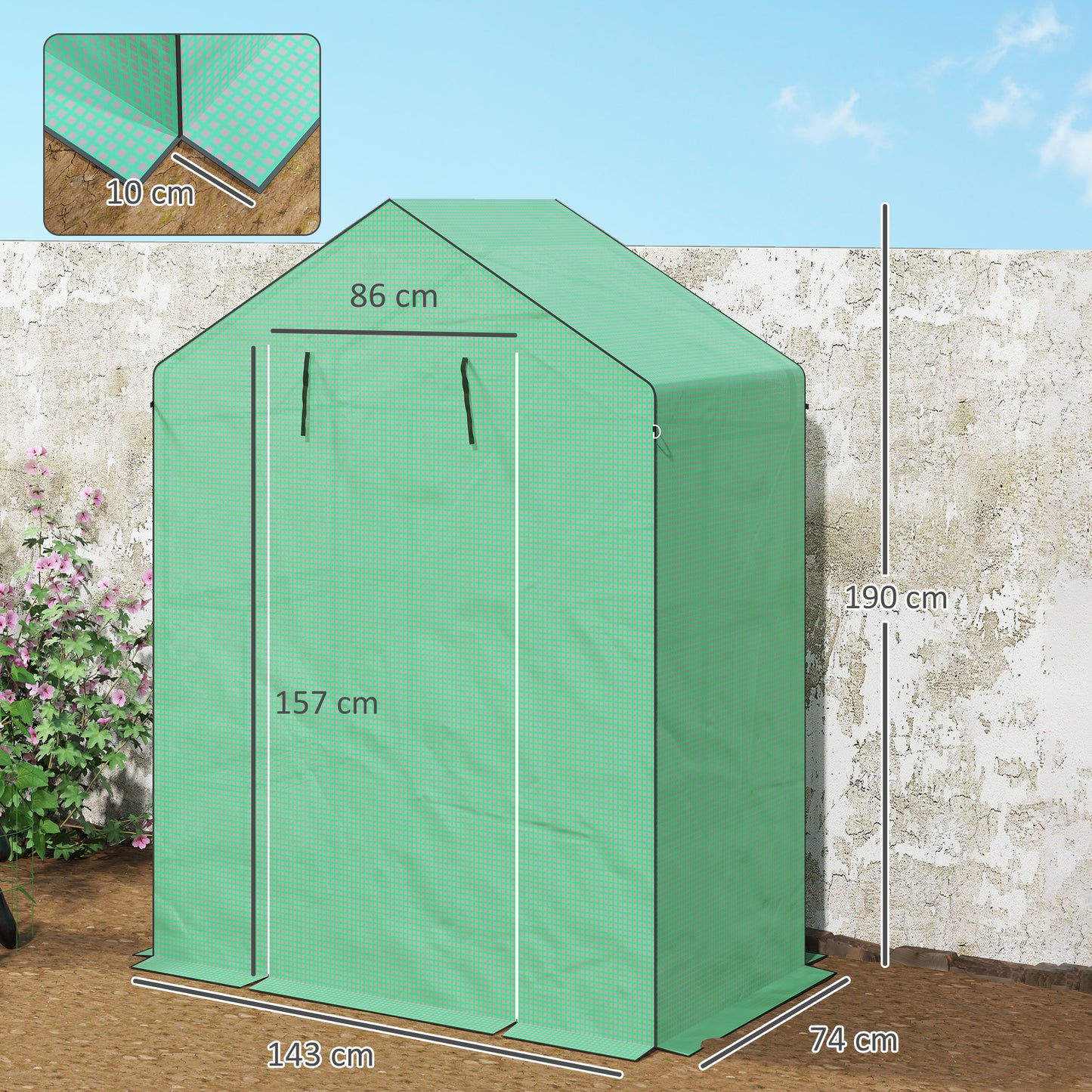 Outsunny Gewächshaus mit Regalen, Mini-Treibhaus, UV-beständig, Netzfenster, Reißverschlusstür, 143L x 74B x 190H cm, Grün