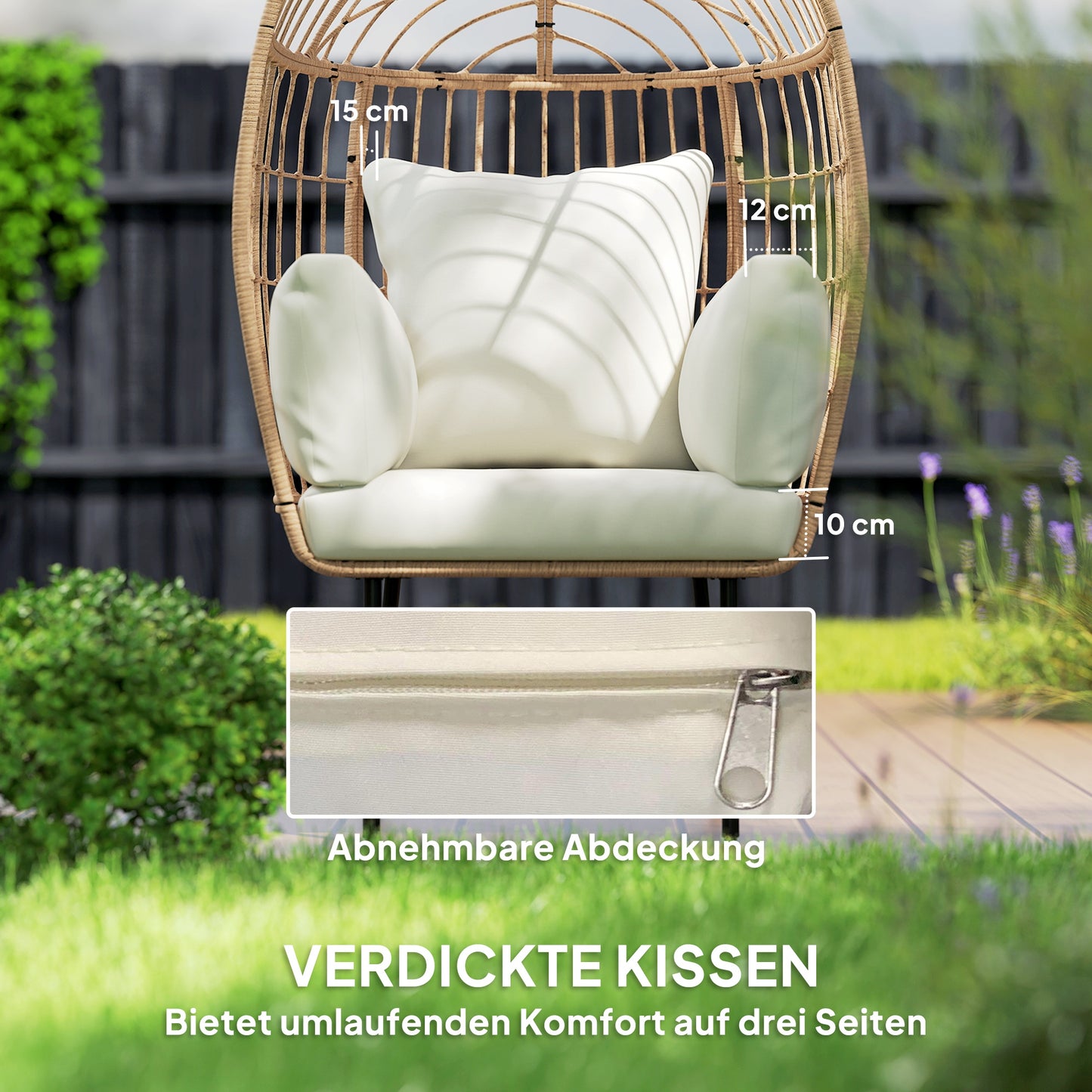 Outsunny Rattansessel Ei-Förmig mit abnehmbarem Kissen, Polster, Outdoor Sessel aus Rattan 95 x 80 x 155 cm Beige