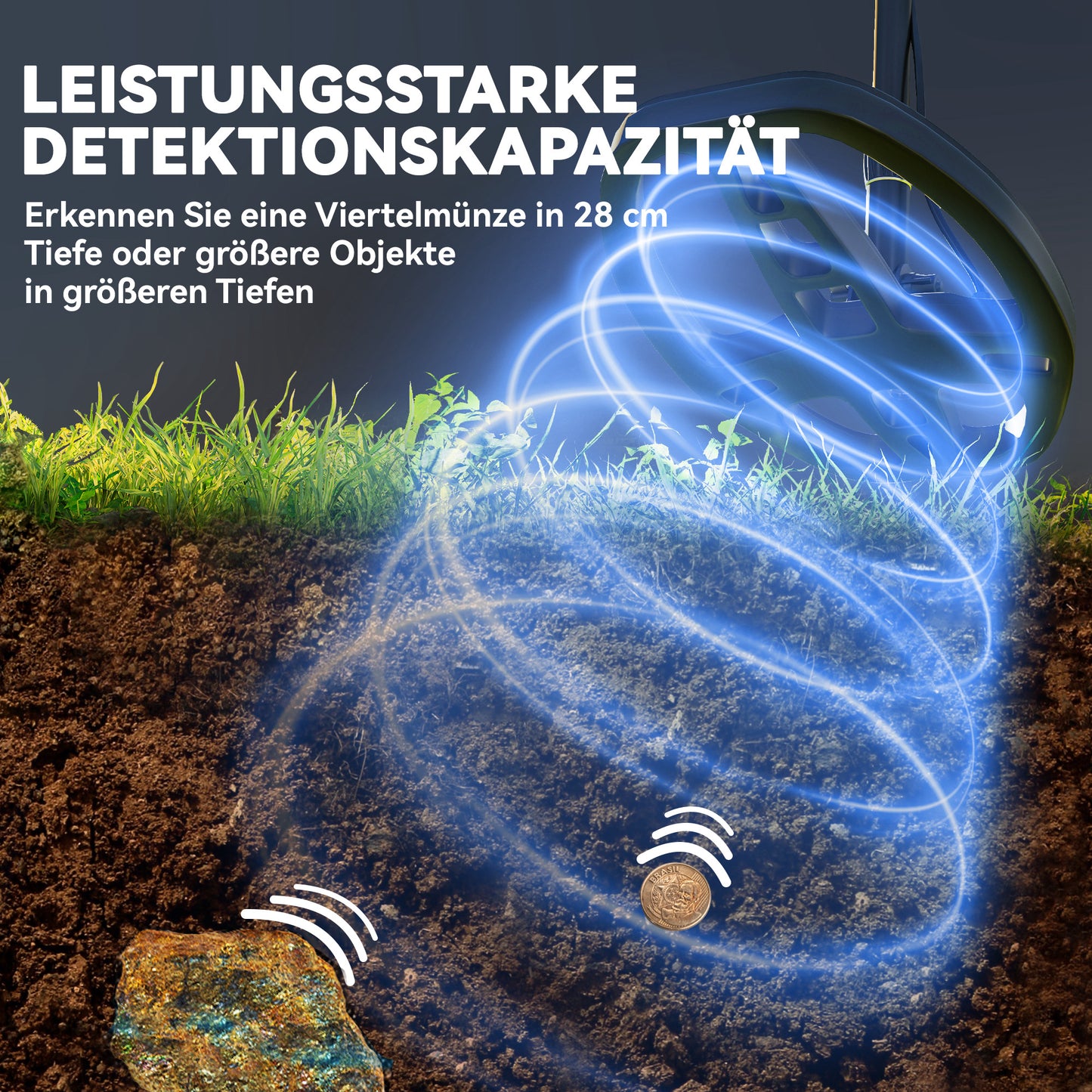 Outsunny Metalldetektor für Erwachsene 5 Modi Tragbar Ortungsgerät mit Alarm Spule LCD-Display IP68 Wasserdicht Dunkelgrau