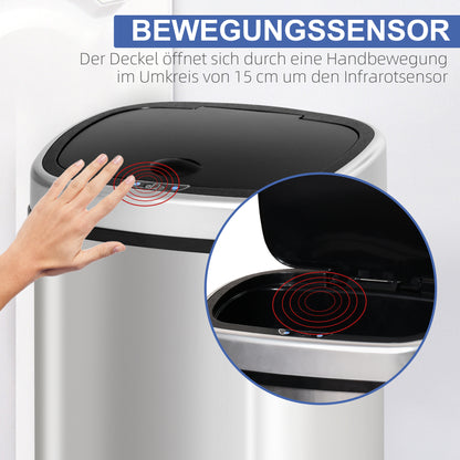 HOMCOM Mülleimer mit Sensor 48L Automatik Abfalleimer mit Bewegungssensor, Wasserdichter Abfallbehälter aus Edelstahl für Küche, Büro, Schlafzimmer Silber