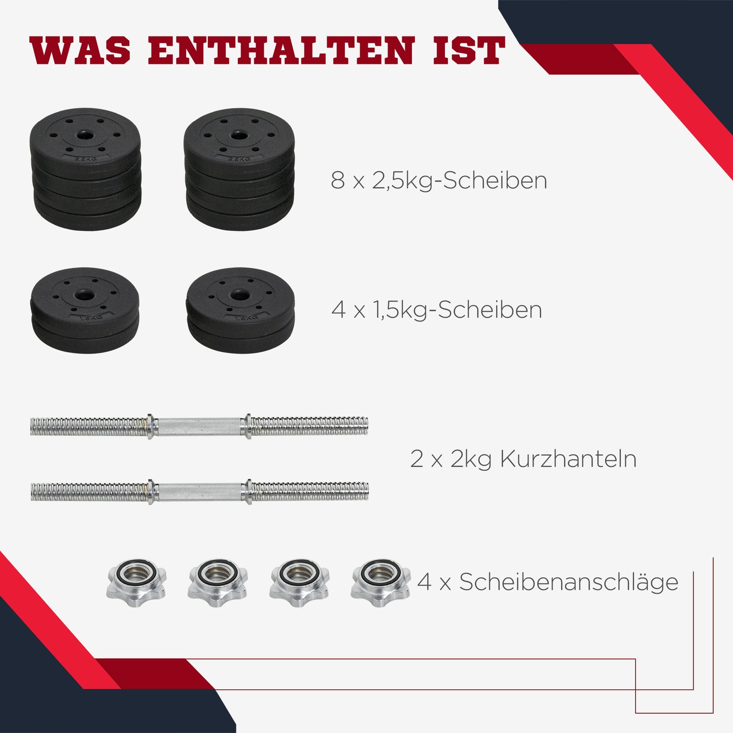 HOMCOM Kurzhantel Set 30KG Hantelset mit Hantelscheiben für Zuhause Büro Fitnessstudio Stahl Kunstleder Schwarz Krafttraining