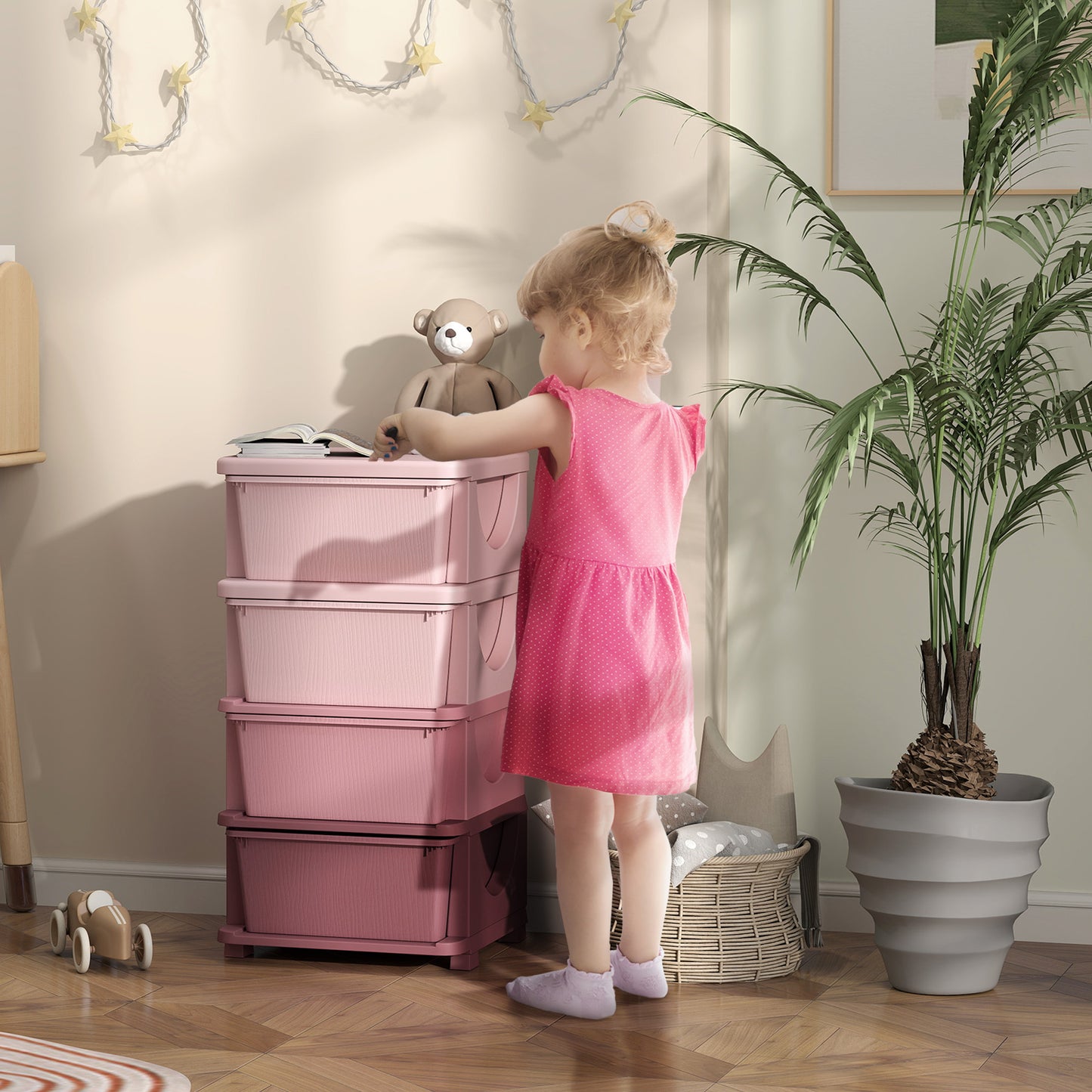 HOMCOM Aufbewahrungsboxen für Kinder, 4 Schubladen, abgerundete Kanten, erhöhtes Design, 37x37x76 cm, Rosa