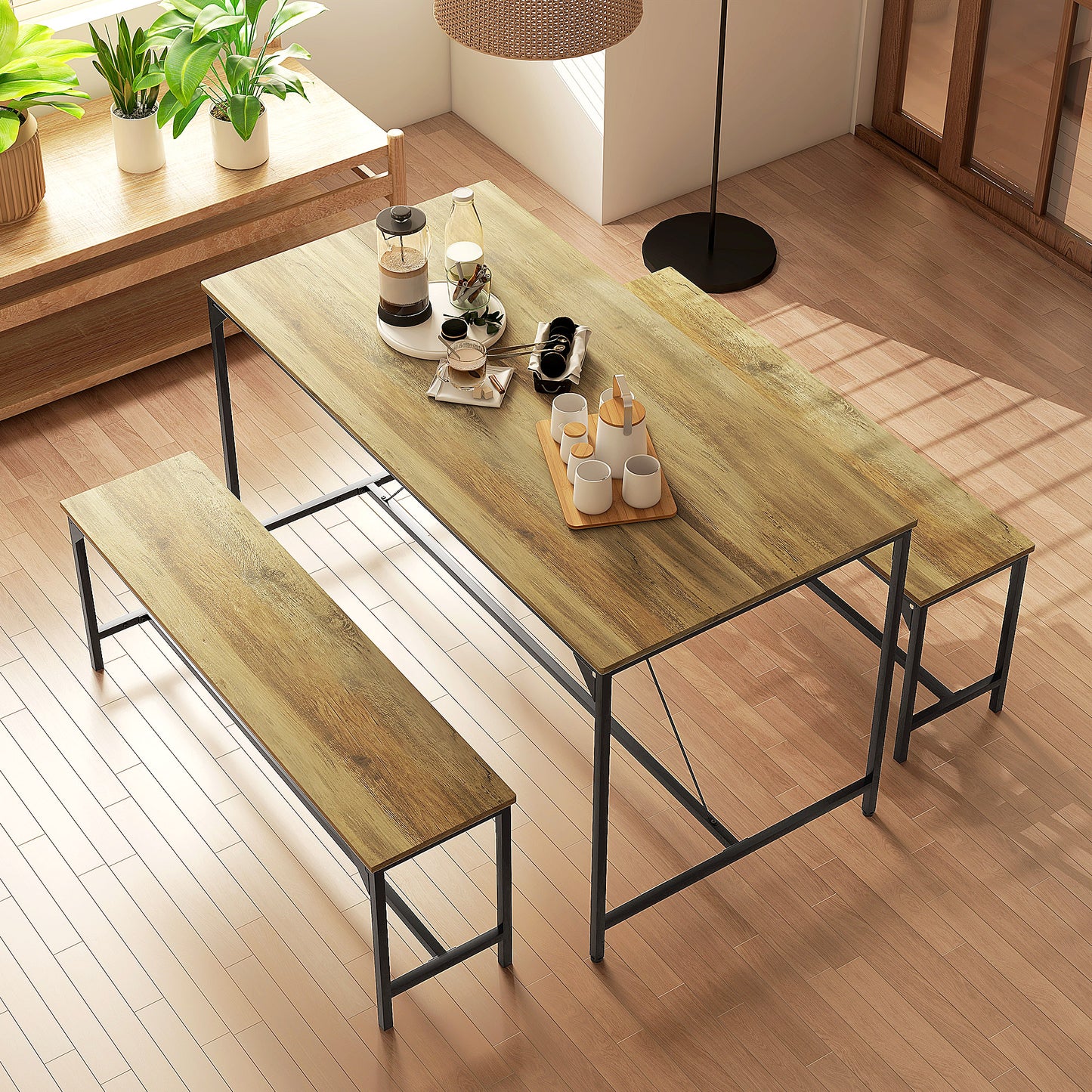 HOMCOM Essgarnitur, Tisch &amp; 2 Bänke, Industrial Design, Stahlrahmen, Holzdekor/Schwarz