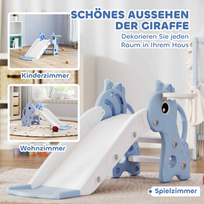 AIYAPLAY 3-in-1 Rutsche für Kinder, Giraffenform, Basketballkorb, Ball, Blau