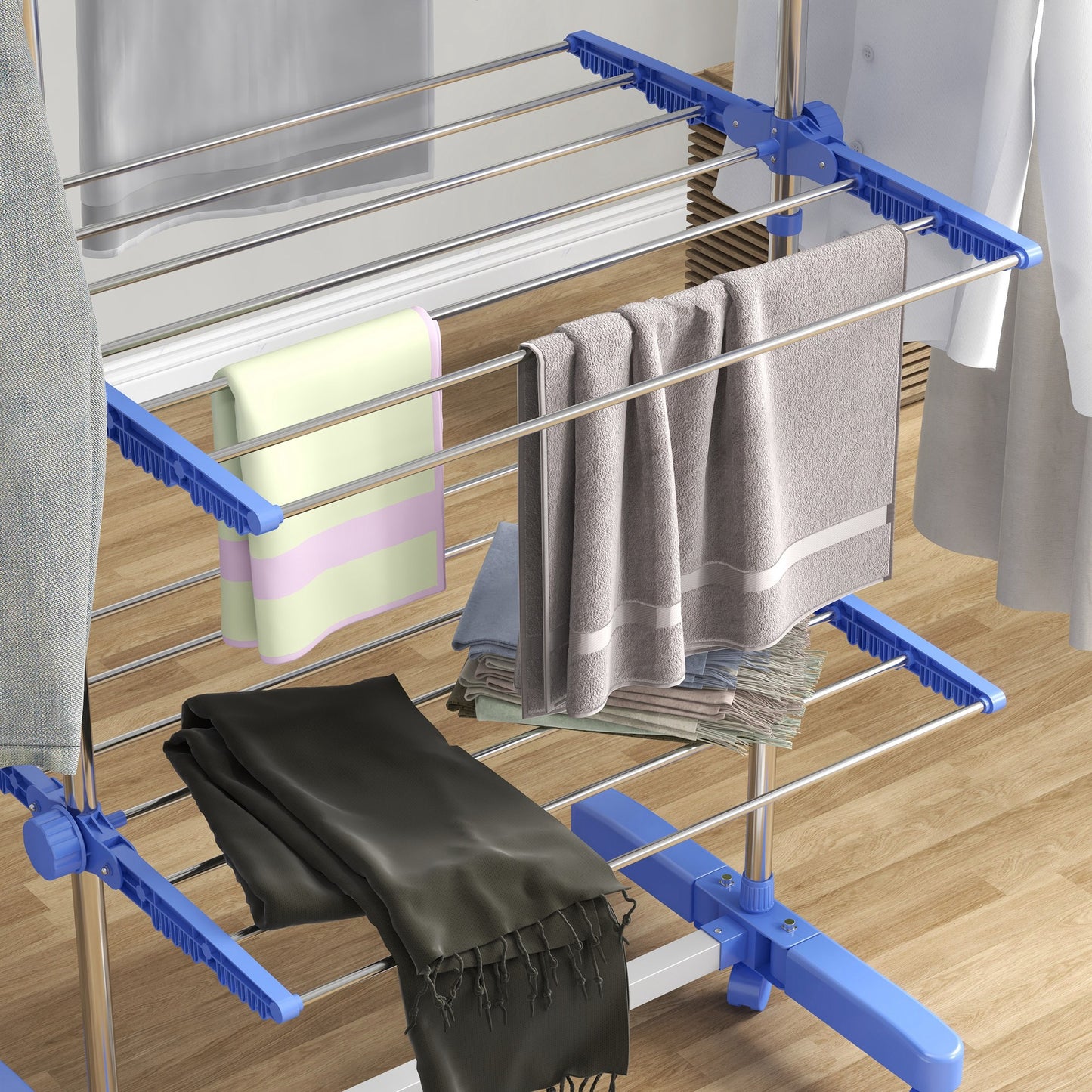 HOMCOM Wäschenständer Wäschetrockner 5 Ebenen, klappbar, One-Klick-System, 142 cm x 55 cm x1 72 cm, Blau + Silber