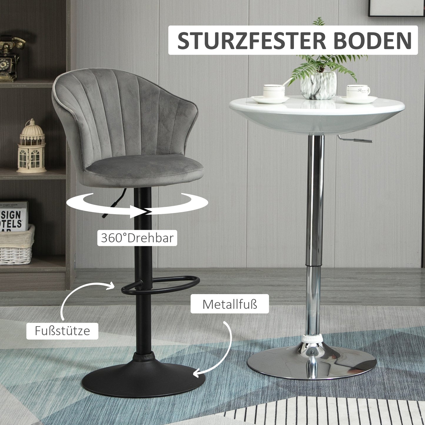 HOMCOM 2er-Set Barhocker drehbare Barstühle mit Lehne Samt Touch Bistrohocker höhenverstellbarer Tresenhocker armloser Schaumstoff Grau 54 x 56 x 91-111 cm