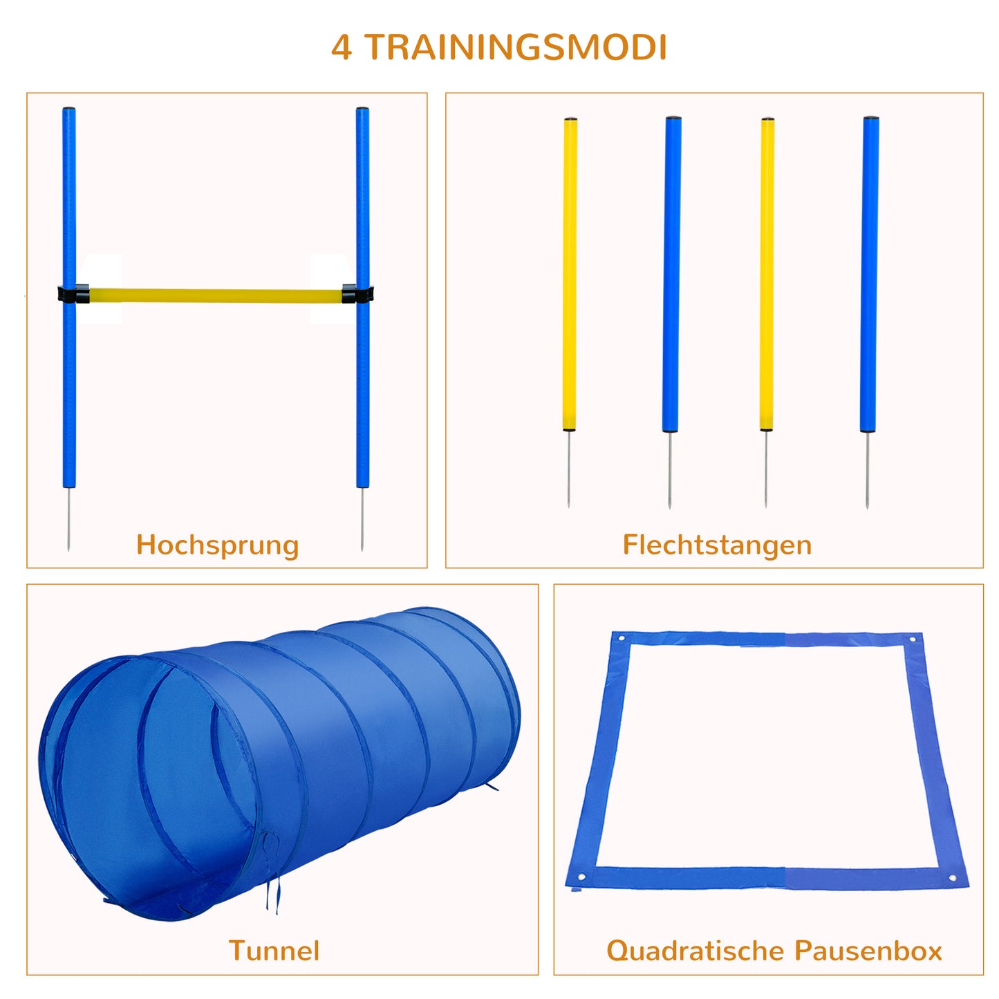 PawHut Agility Set Hunde 5-teiliges Agility-Ausrüstung for Hundetraining Steckhürdenset mit Hundetunnel 4 Slalomstangen höhenverstellbar Hürden Pause-Box Tragetasche Agilityset for Spele Training