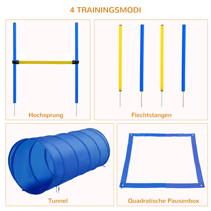 PawHut Agility Set Hunde 5-teiliges Agility-Ausrüstung for Hundetraining Steckhürdenset mit Hundetunnel 4 Slalomstangen höhenverstellbar Hürden Pause-Box Tragetasche Agilityset for Spele Training