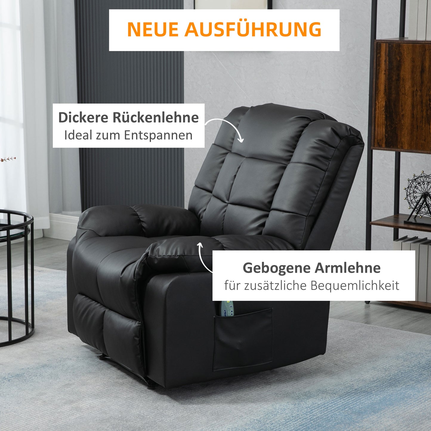 HOMCOM Massagesessel, Relaxsessel, 8 Vibrationspunkte, Liegefunktion, Kunstleder, schwarz, 94x99x99cm