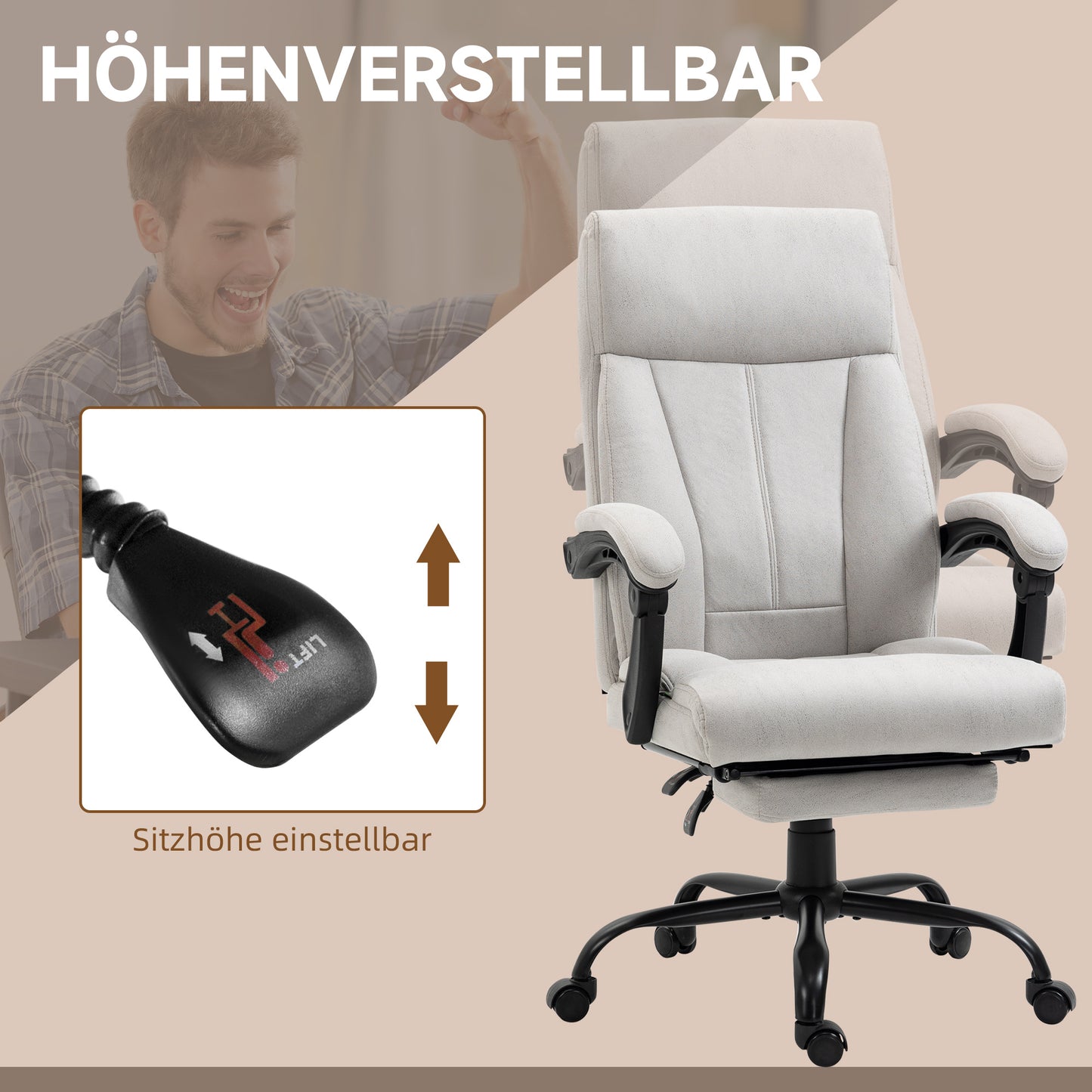 Vinsetto Massage-Bürostuhl Bürostuhl Computerstuhl, Lendenheizung, Neigungsfunktion, Hellgrau