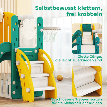 AIYAPLAY 9-in-1 Rutschen- und Schaukelset für Kleinkinder, mit Basketballkorb, Teleskop, Zeichenbrett, Frosch-Design, Gelb+Grün