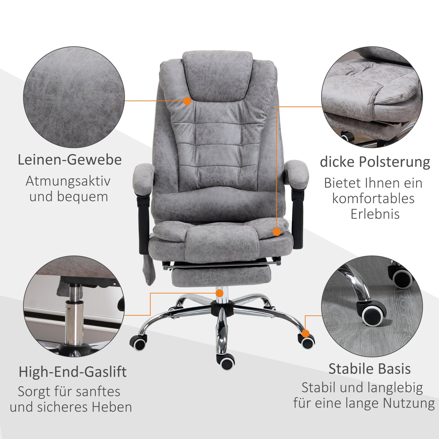 Vinsetto Bürostuhl mit Massagefunktion, Ergonomischer Schreibtischstuhl mit Liege- & Wärmefunktion, Fernbedienung, Grau