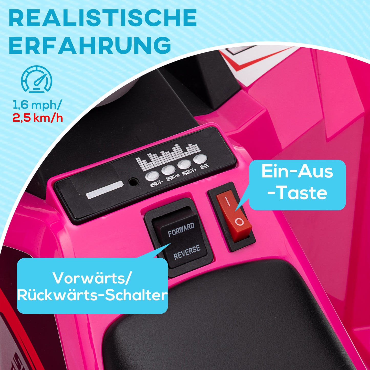 HOMCOM Elektro-Kinderquad, 2,5 km/h, Vorwärts- & Rückwärtsgang, für 18-36 Monate, Rosa