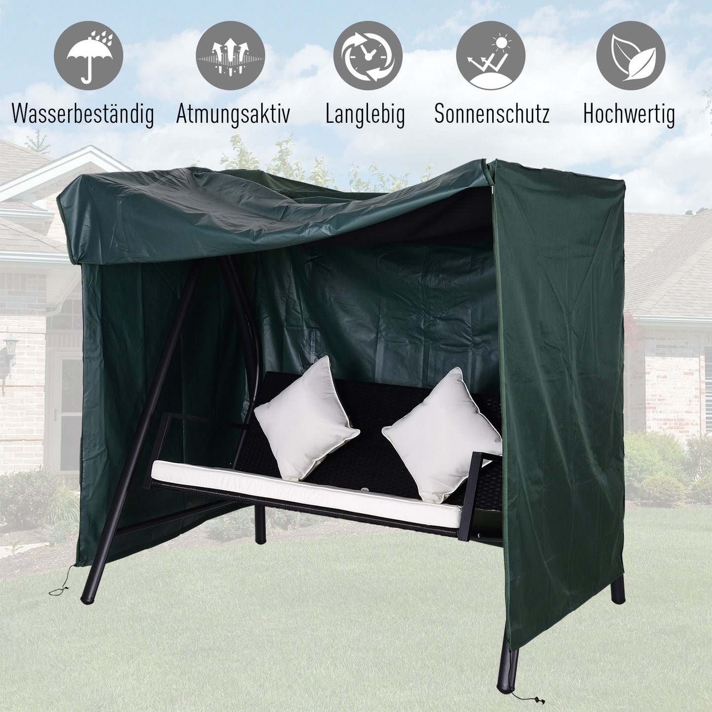 Outsunny Hollywoodschaukel Abdeckung 3 Sitzer, Wasserabweisend Winterfest Schutzhülle für Gartenschaukel, UV-Beständig Abdeckplane, Abdeckhaube, Reißfest 420D Oxford Gewebe, 177x114x152cm Dunkelgrün
